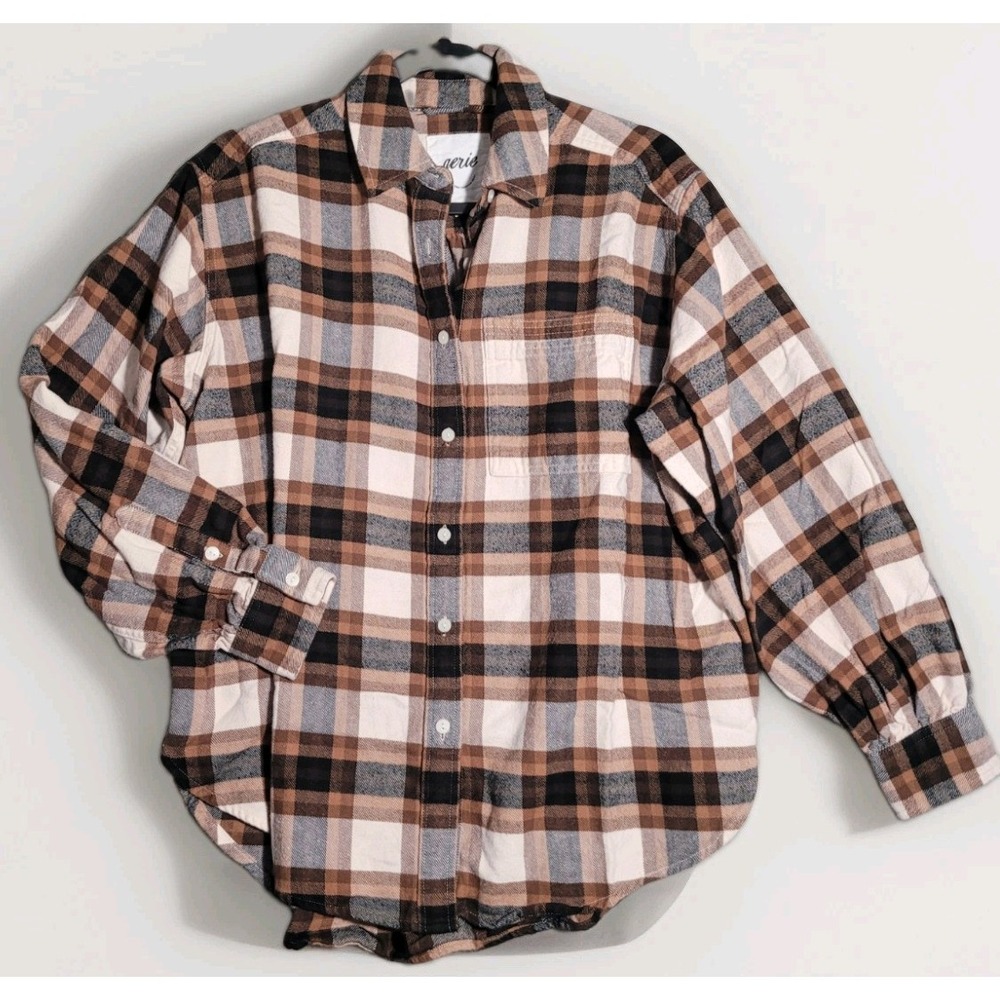 Aerie Anytime Fave Flannel Button Down Shirt Sz XXS Brown Plaid Oversized